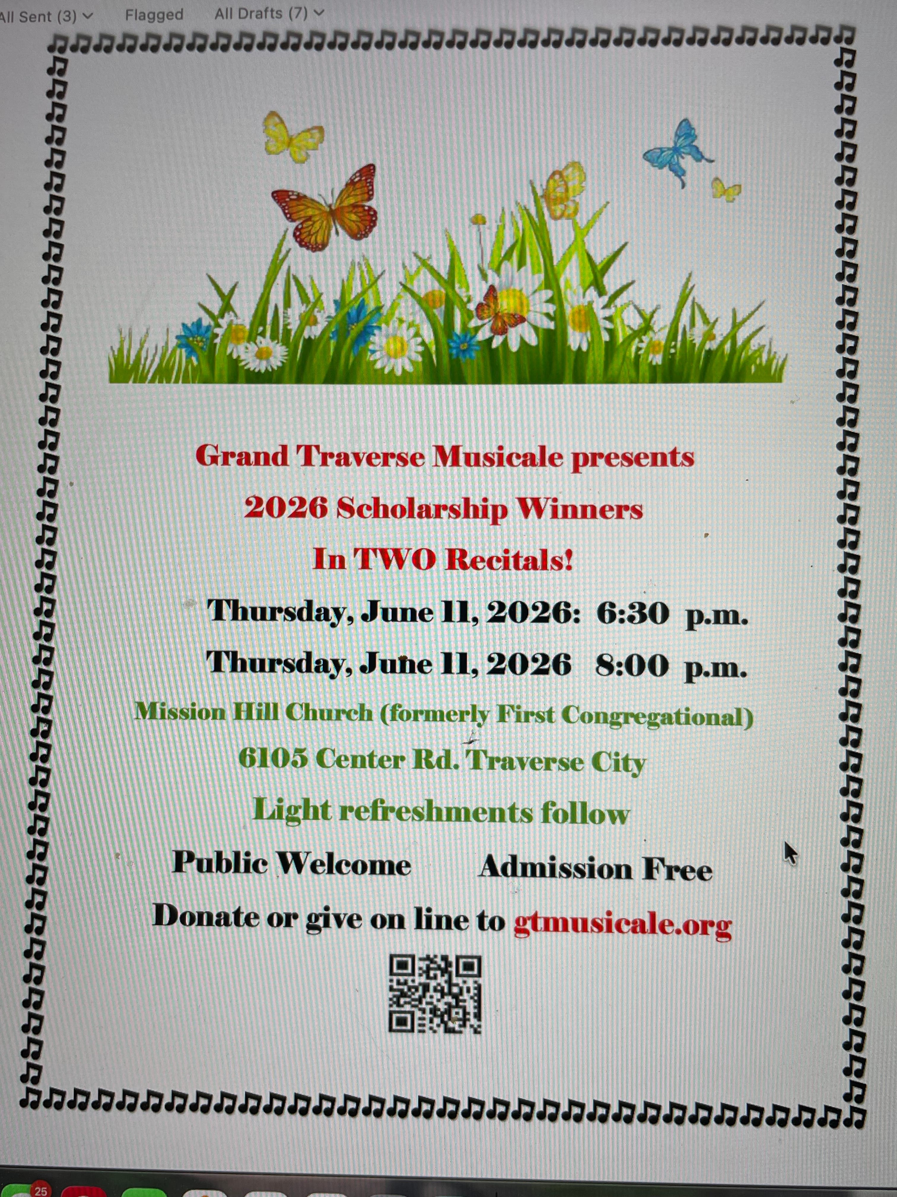 Grand Traverse Musicale Scholarship Winners' Concerts 6:30 pm and 8:00 pm. June 11, 2026