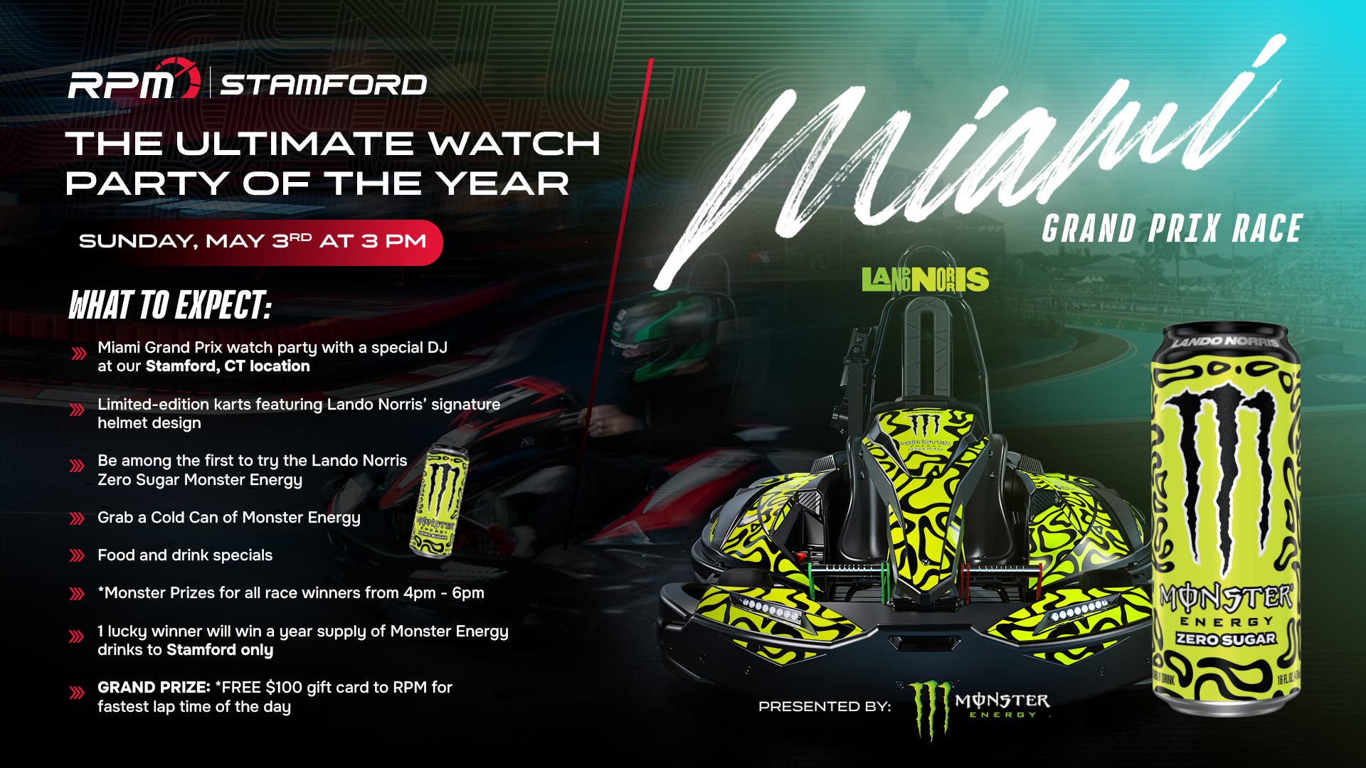 RPM Raceway Stamford Miami Grand Prix Watch Party with Live DJ Set & Monster Energy