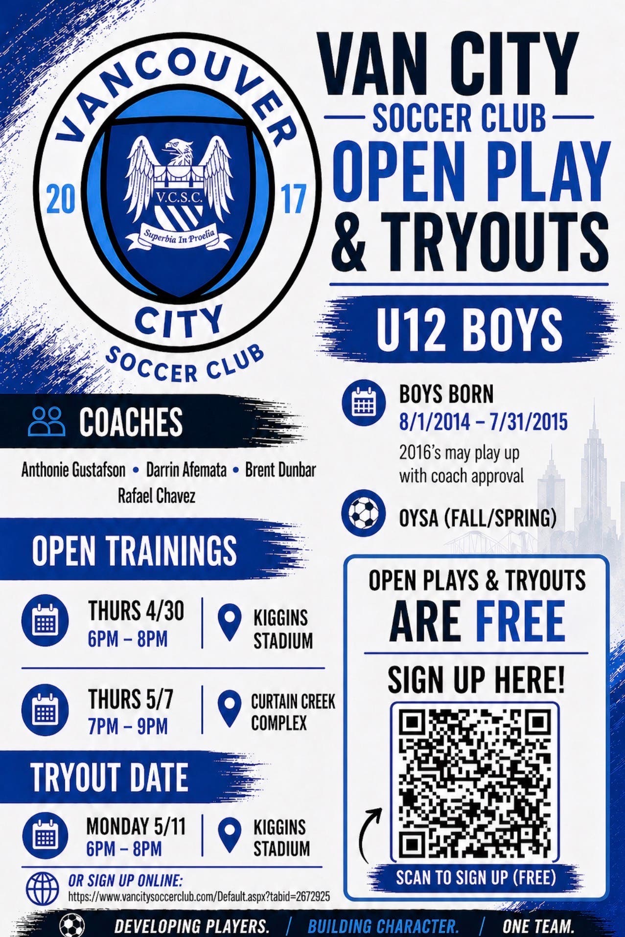 VanCity Soccer Club OPEN PLAY &  TRYOUTS