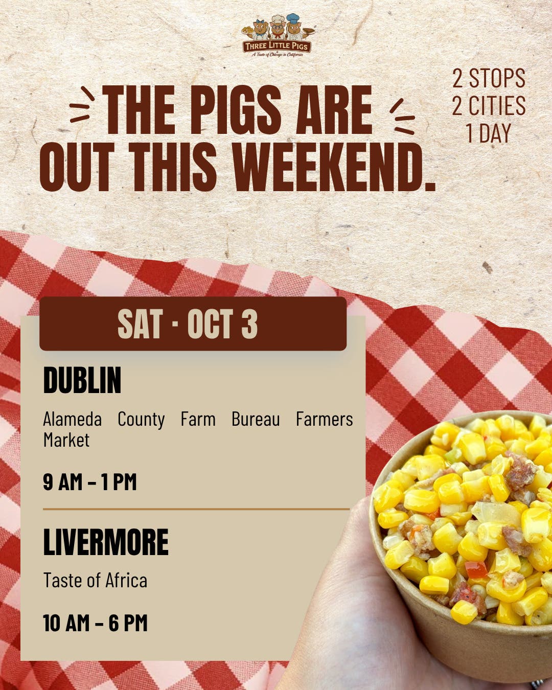Three Little Pigs BBQ is hitting two Tri-Valley stops this Saturday.