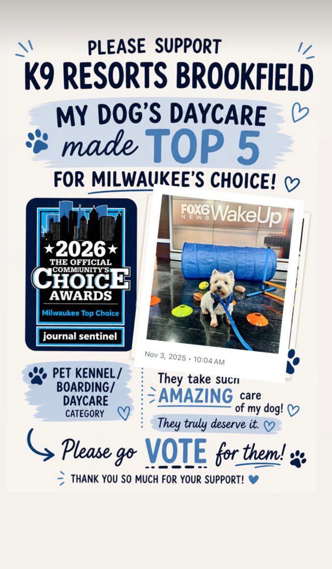 Vote K9 Resorts Brookfield for Milwaukee’s Top Choice!