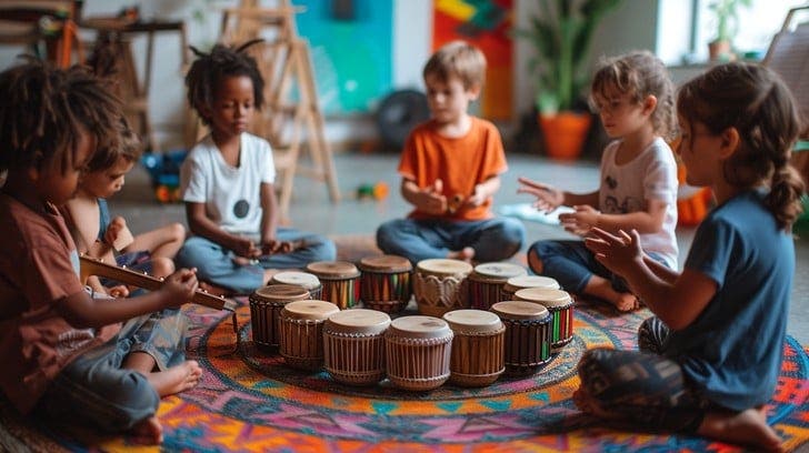 Elementary school children sitting in a circle with drums, playing together and smiling during a group music activity.