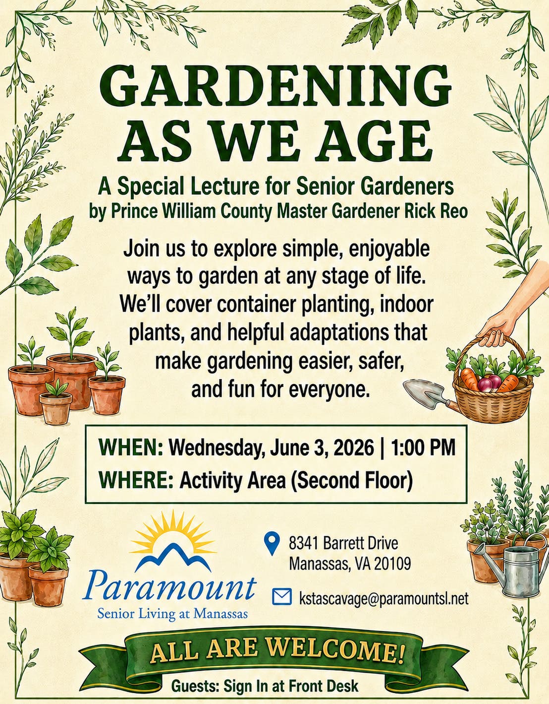Gardening As We Age Lecture at Paramount Senior Living at Manassas (Wednesday 6/3/26) - FREE
