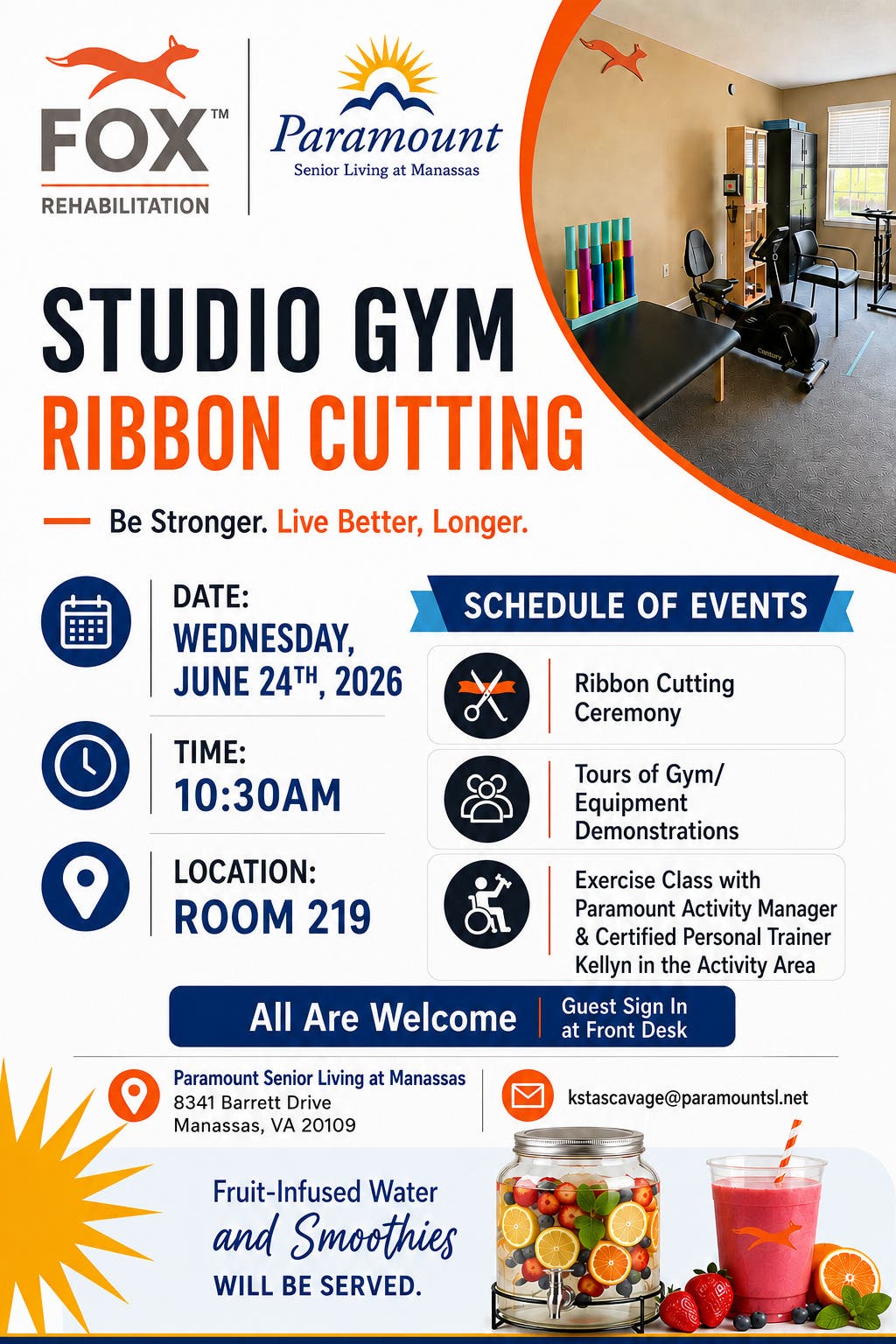 Fox Rehab Studio Gym Ribbon Cutting Ceremony at Paramount Senior Living (Wed 6/24/26) - FREE