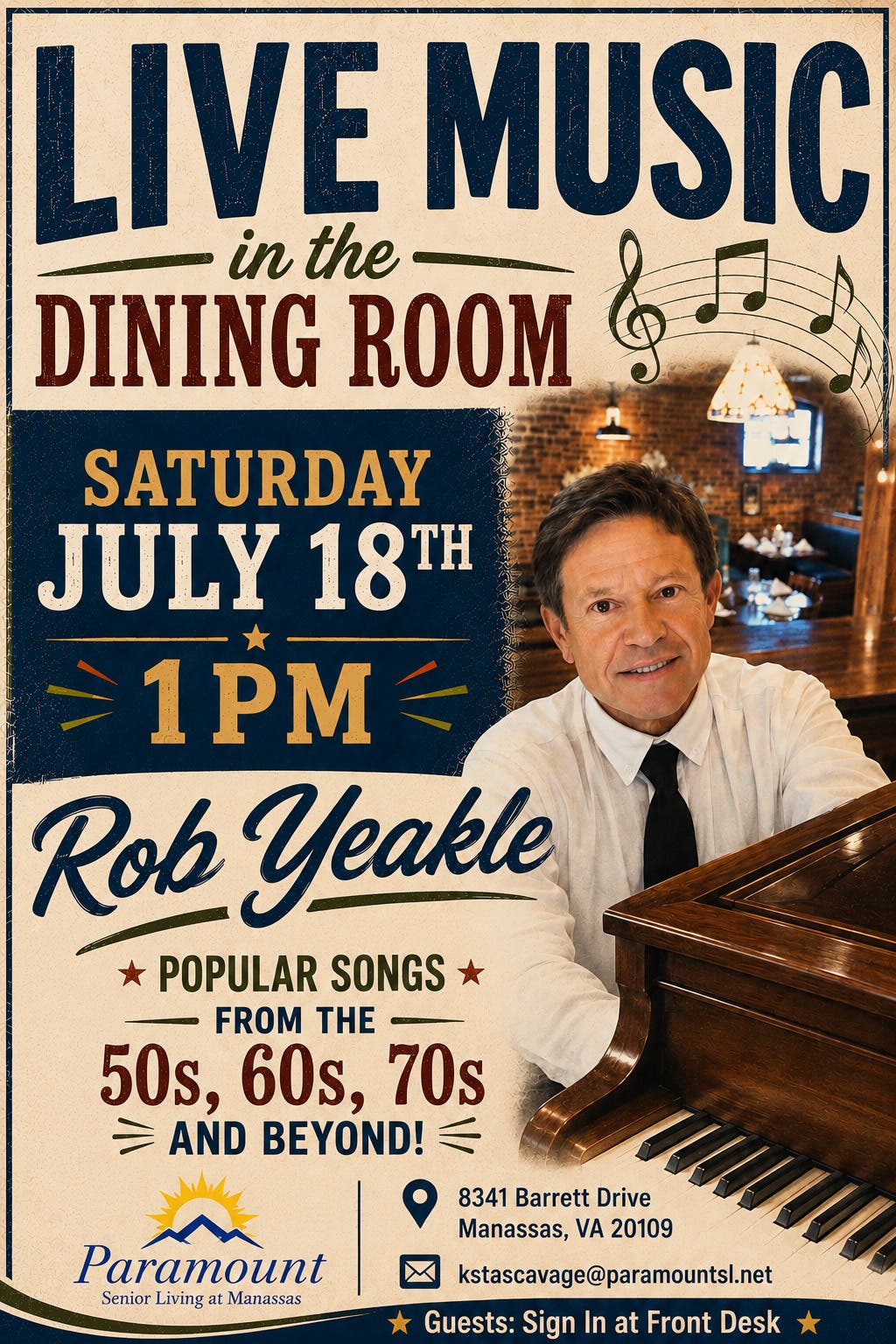 Live Music (Rob Yeakle) at Paramount Senior Living at Manassas (Saturday 7/18/26) - FREE