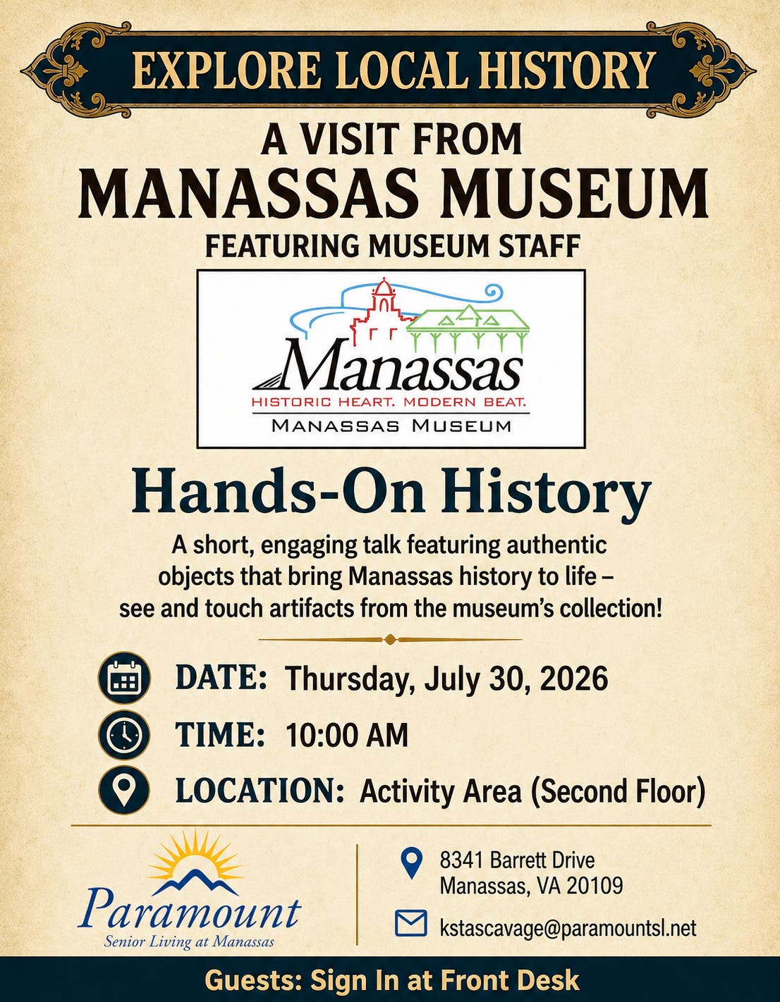 Hands-On History Lecture with Manassas Museum at Paramount Senior Living (Thursday 7/30/26) - FREE