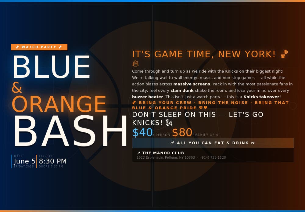 Blue & Orange Bash!  Knicks Watch Party