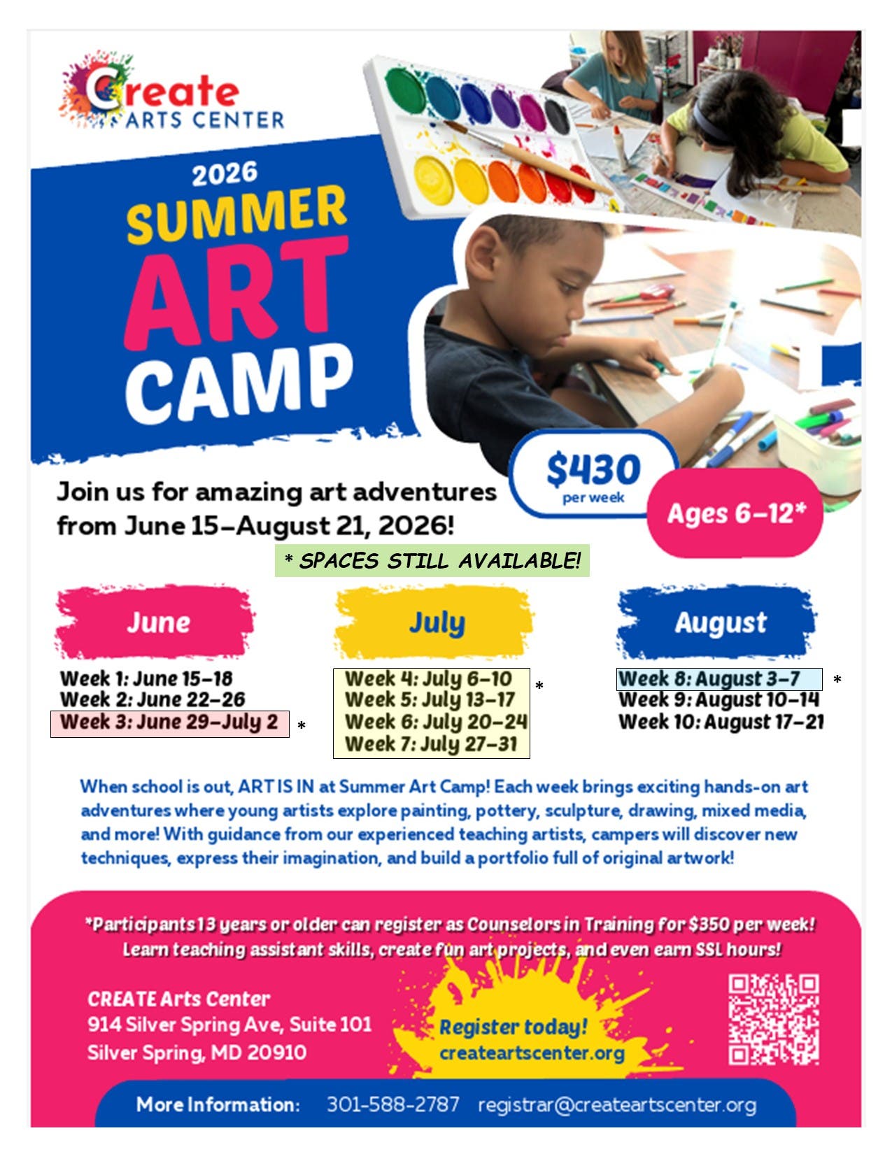 Summer Art Camp Spaces Still Available @ CREATE Arts Center