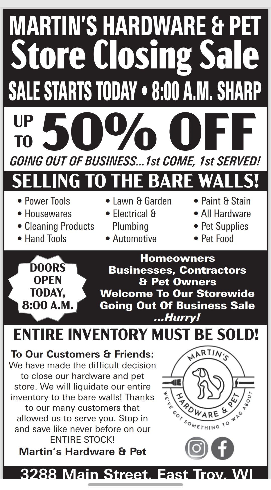 Martin's Hardware & Pet Store Closing Sale