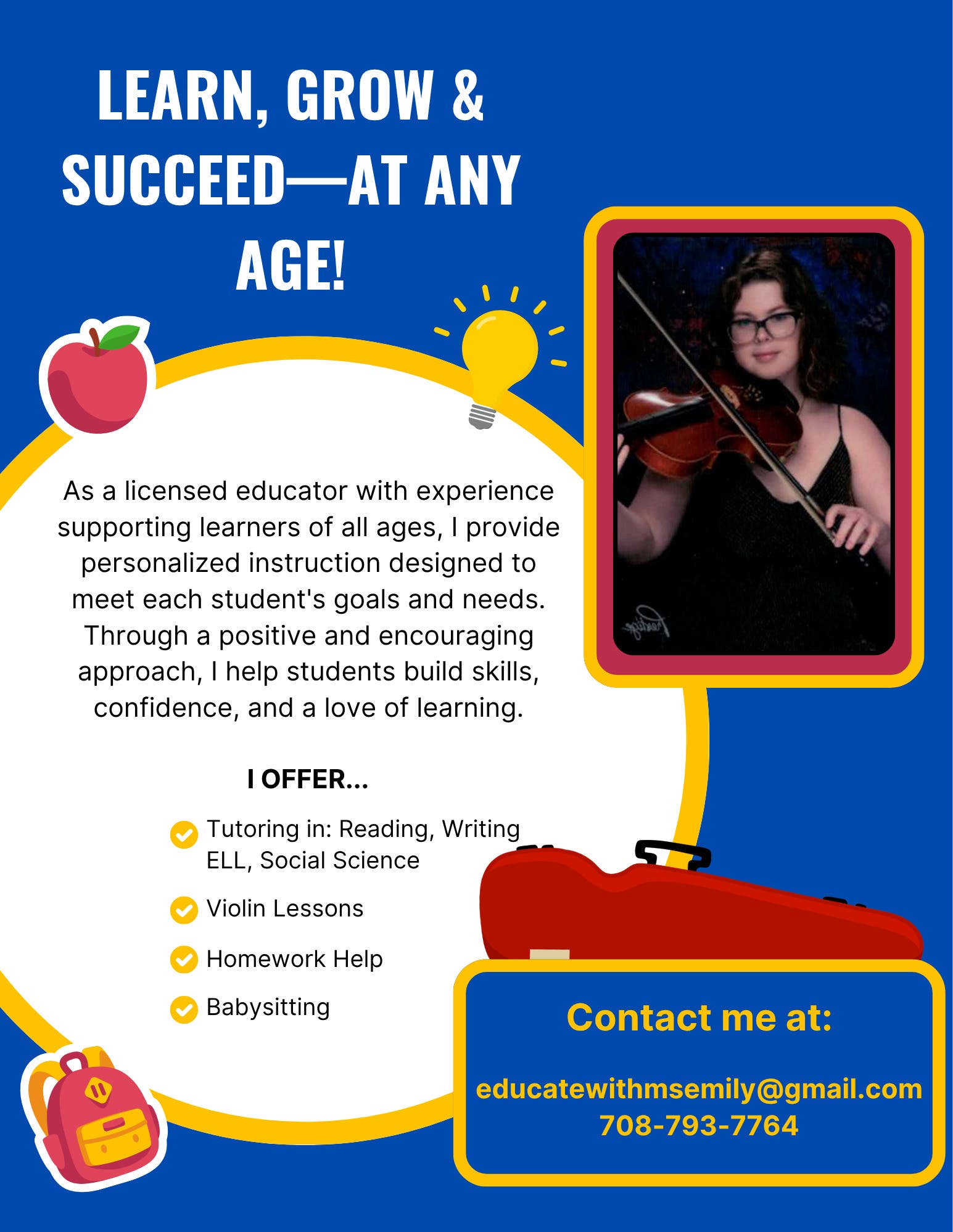 Violin Lessons • Tutoring • ELL Support • Babysitting