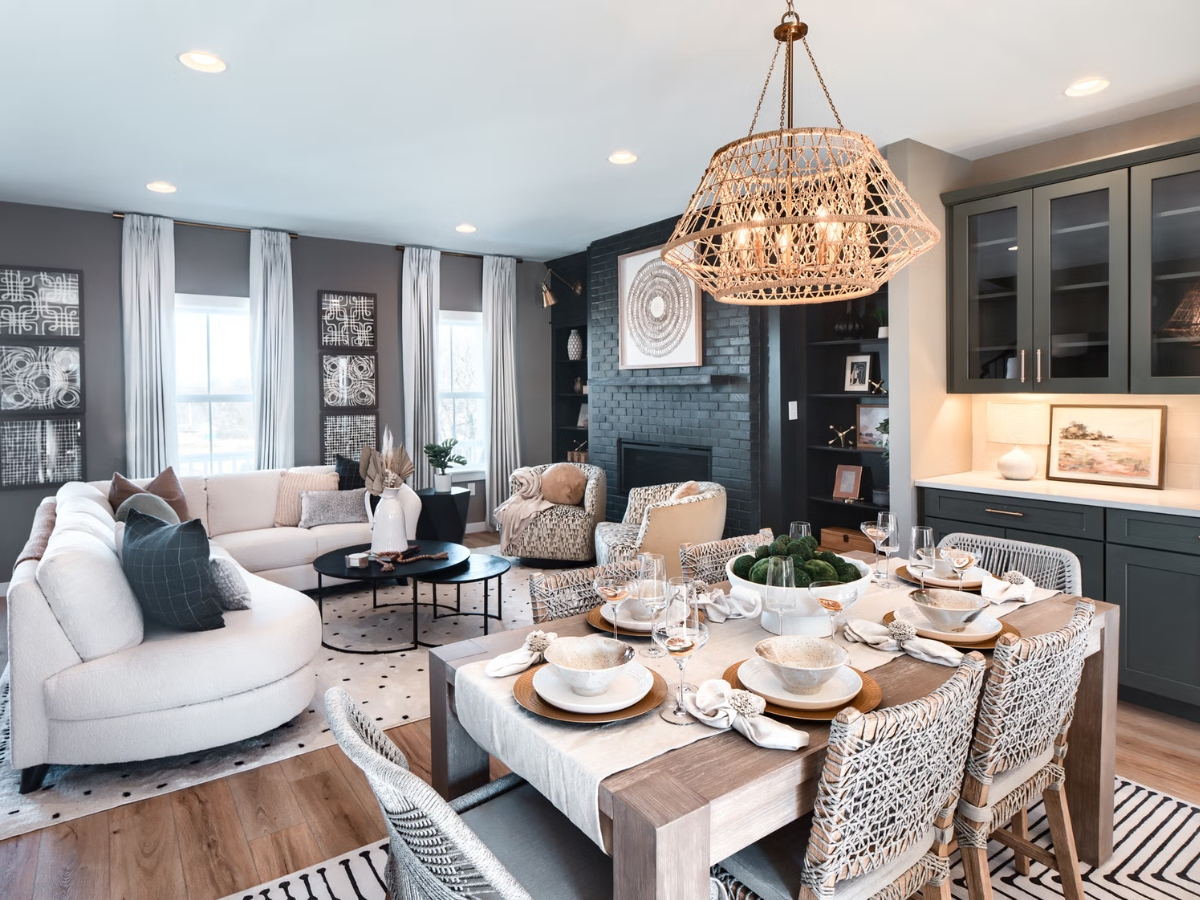 New Build: Charleston Dining Room and Family Room, Brick Veneer, New Haven Sage Cabinets, and Boston Engineered Vinyl Plank.