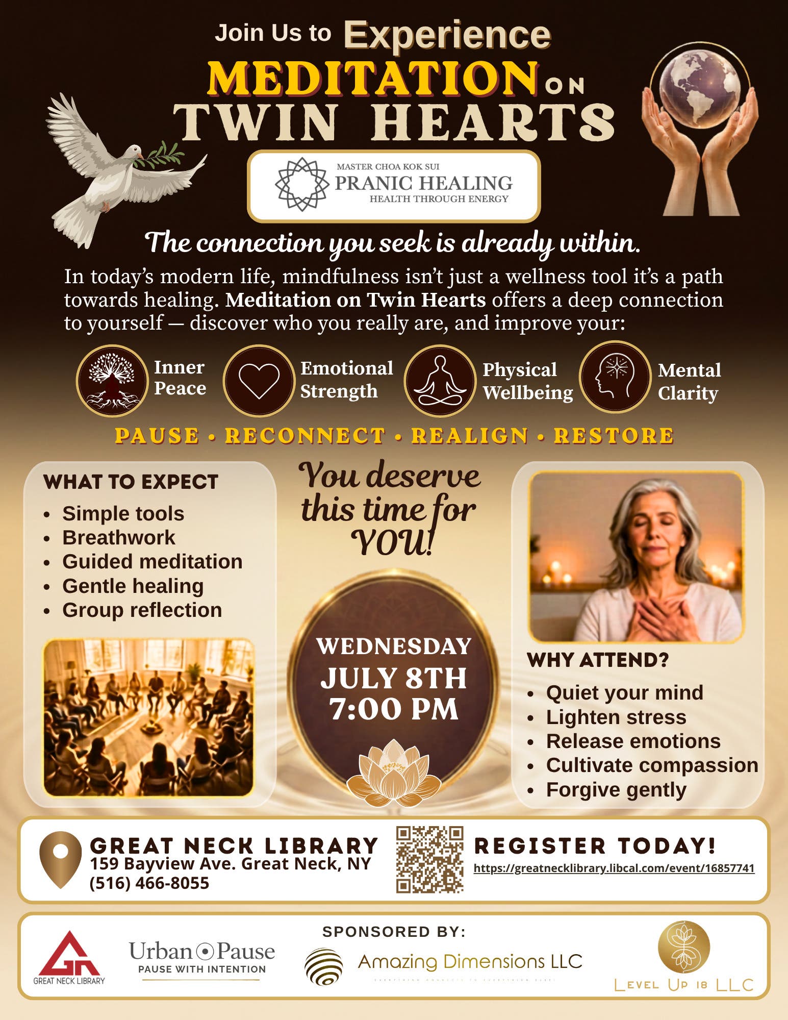 Complimentary Meditation on Twin Hearts at Great Neck Library