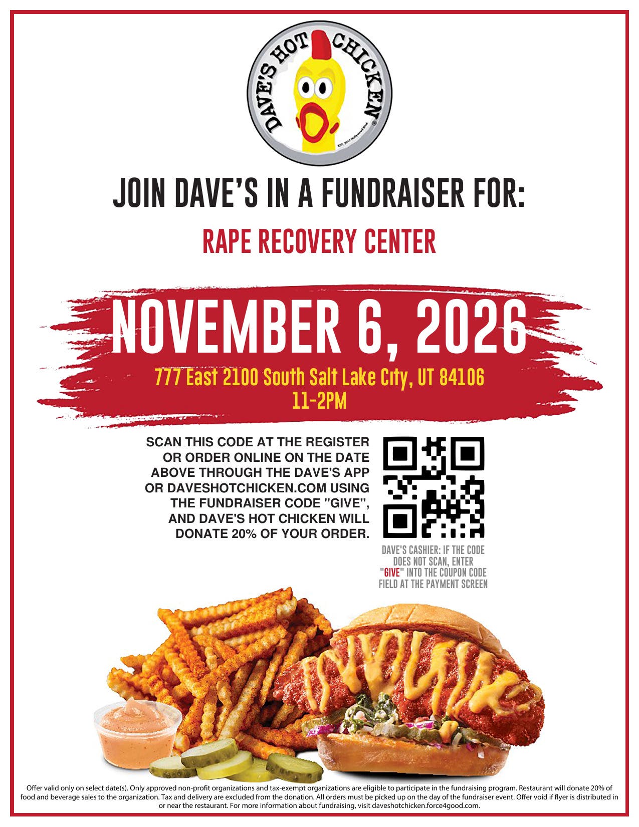 Dave's Hot Chicken Fundraiser Benefiting the Rape Recovery Center