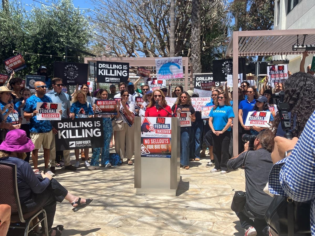 LA County Supervisor Lindsey Horvath speaks at a Santa Monica rally over coastal protections.