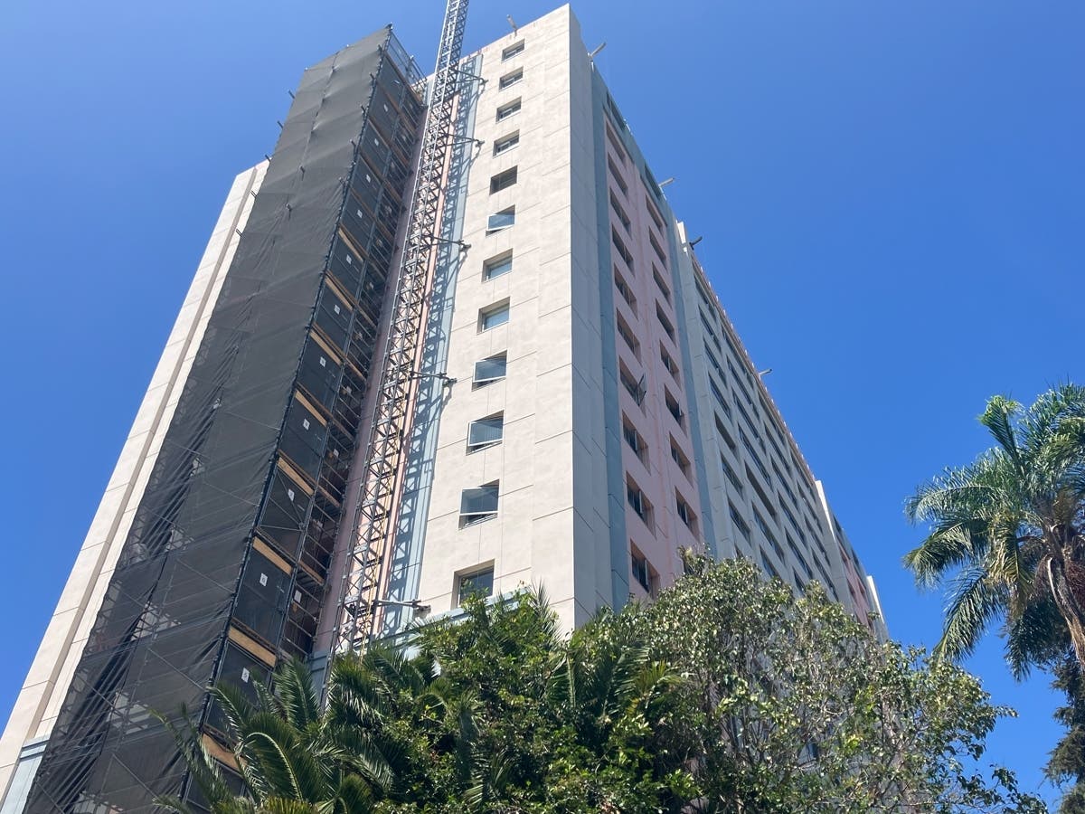 Westminster Tower in Santa Monica, where an adult was found dead Friday on a sixth-floor construction balcony.