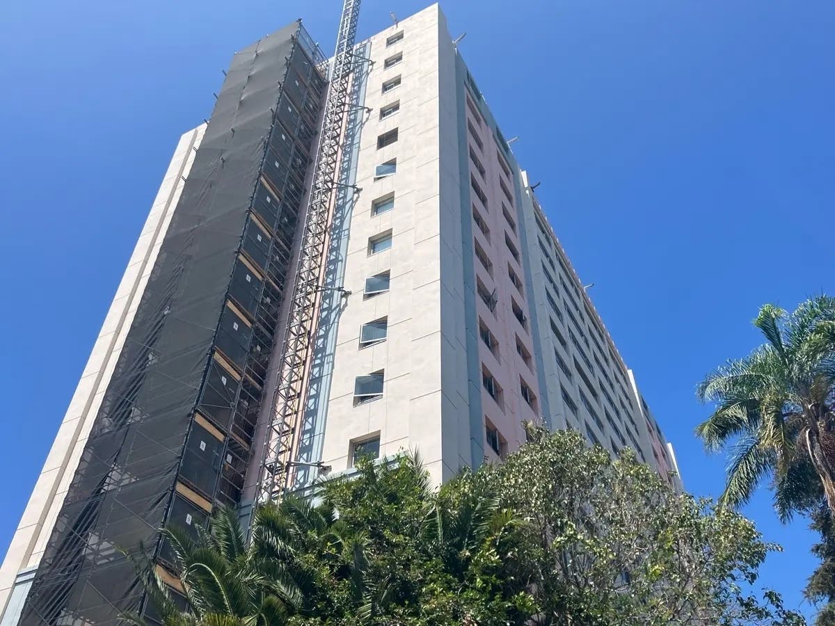 Westminster Tower in Santa Monica, where an adult was found dead Friday on a sixth-floor construction balcony.