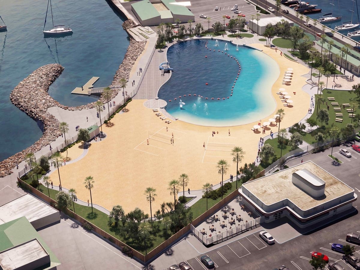 A rendering shows the proposed overhaul of Redondo Beach's Seaside Lagoon, including a rebuilt swimming area, water slide and revamped waterfront amenities.