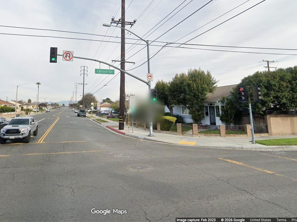 The intersection of Carson Street and Palo Verde Avenue in Long Beach, where 15-year-old Carlos Ramirez was struck and killed while sitting at a bus stop in June 2025.