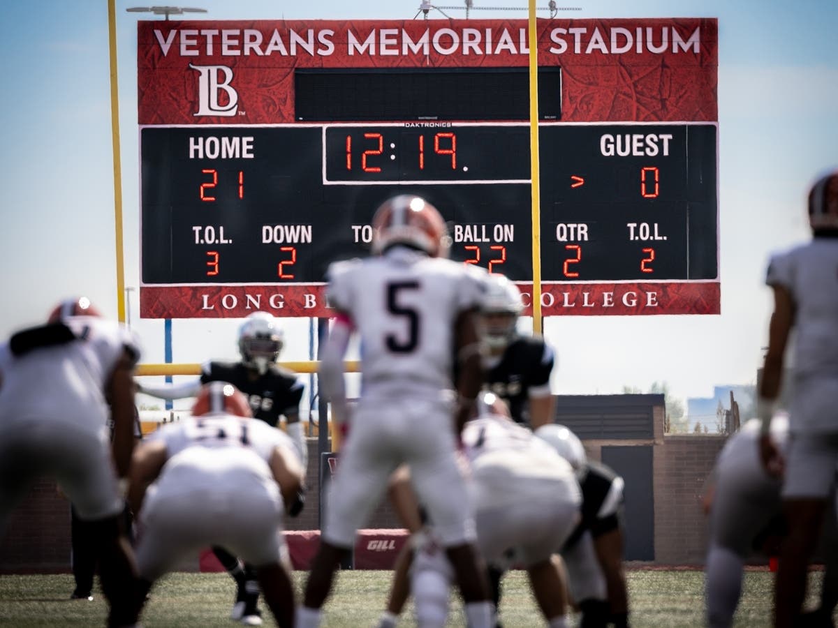 Long Beach City College football players take the field at Veterans Memorial Stadium, which is undergoing a $250 million transformation into a new Stadium and Athletic Sports Complex. 