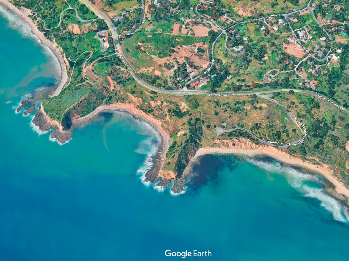 An aerial view shows the Portuguese Bend landslide area along the Rancho Palos Verdes coastline, where the city has spent millions of dollars on efforts to slow land movement.