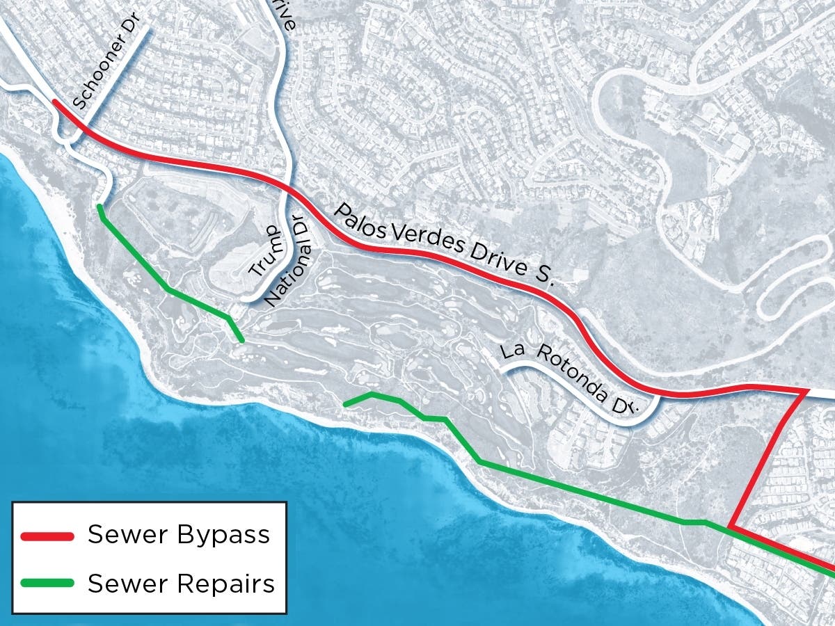 A map showing the sewer bypass and repair routes around Palos Verdes Drive South, where months of traffic restrictions began Monday.