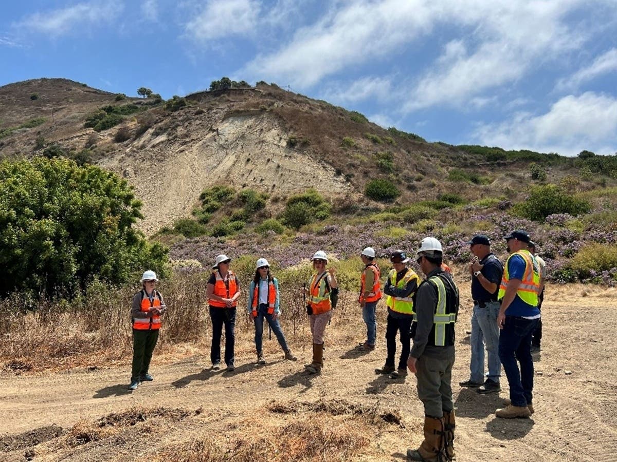 Rancho Palos Verdes officials and workers survey the Greater Portuguese Bend Landslide Complex as the city prepares for potentially severe winter weather associated with El Niño. 