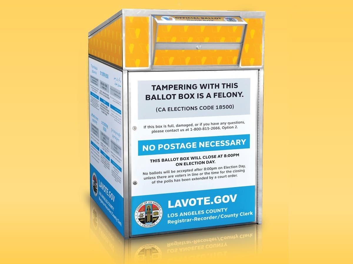 An official Los Angeles County ballot drop box. Redondo Beach voters can return their completed ballots at designated drop-off locations ahead of the Nov. 3 election.