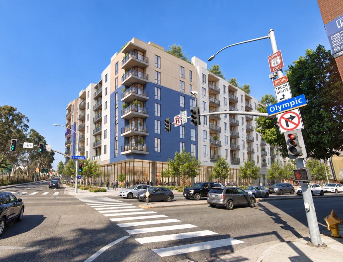 An conceptual visualization created by Patch of how the proposed eight-story residential development could look at the current Mel's Drive-In site on Lincoln Blvd, based on architectural plans submitted to the city.