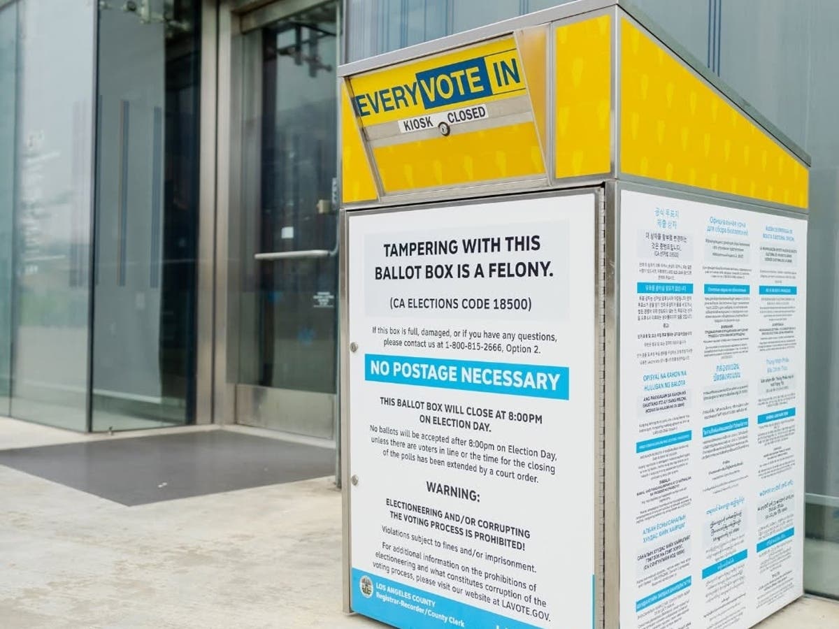 An official Los Angeles County ballot drop box in Manhattan Beach offers voters a convenient way to return their completed ballots ahead of the Nov. 3 general election.