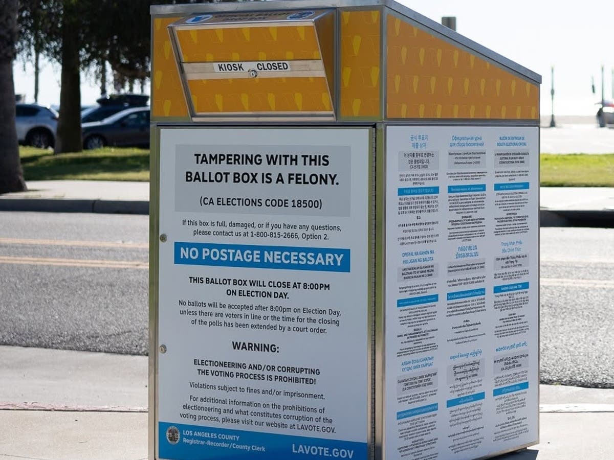 An official Los Angeles County ballot drop box in Santa Monica offers voters a secure way to return their ballots ahead of the Nov. 3 election, with submissions accepted until 8 p.m. on Election Day.