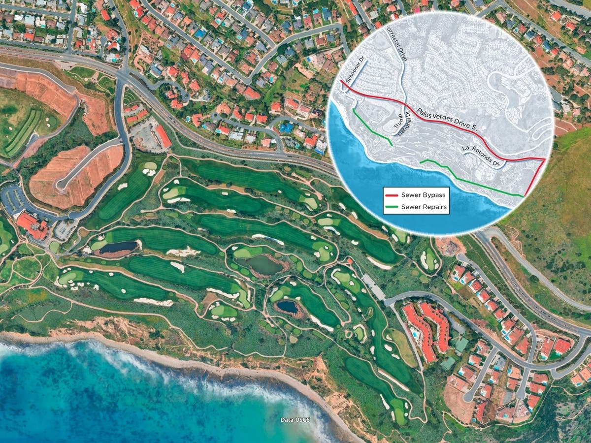 A map from the Los Angeles County Sanitation Districts shows the sewer repair route (green) and temporary bypass line (red) near Palos Verdes Drive South.