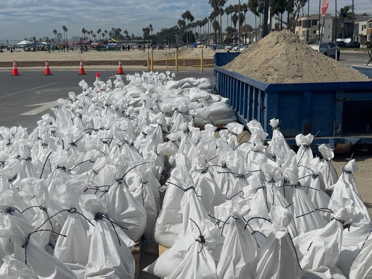 
Hundreds of prefilled sandbags stand ready for use in Long Beach. The city will hold two free distribution events to help residents protect their properties from flooding ahead of the winter storm season.