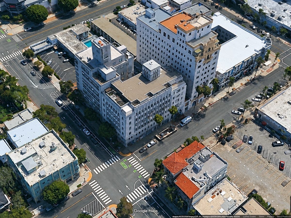 An aerial view of the 100 block of Linden Avenue in downtown Long Beach, where a man was fatally stabbed Tuesday, Oct. 20, 2026. Two suspects were arrested on suspicion of murder.