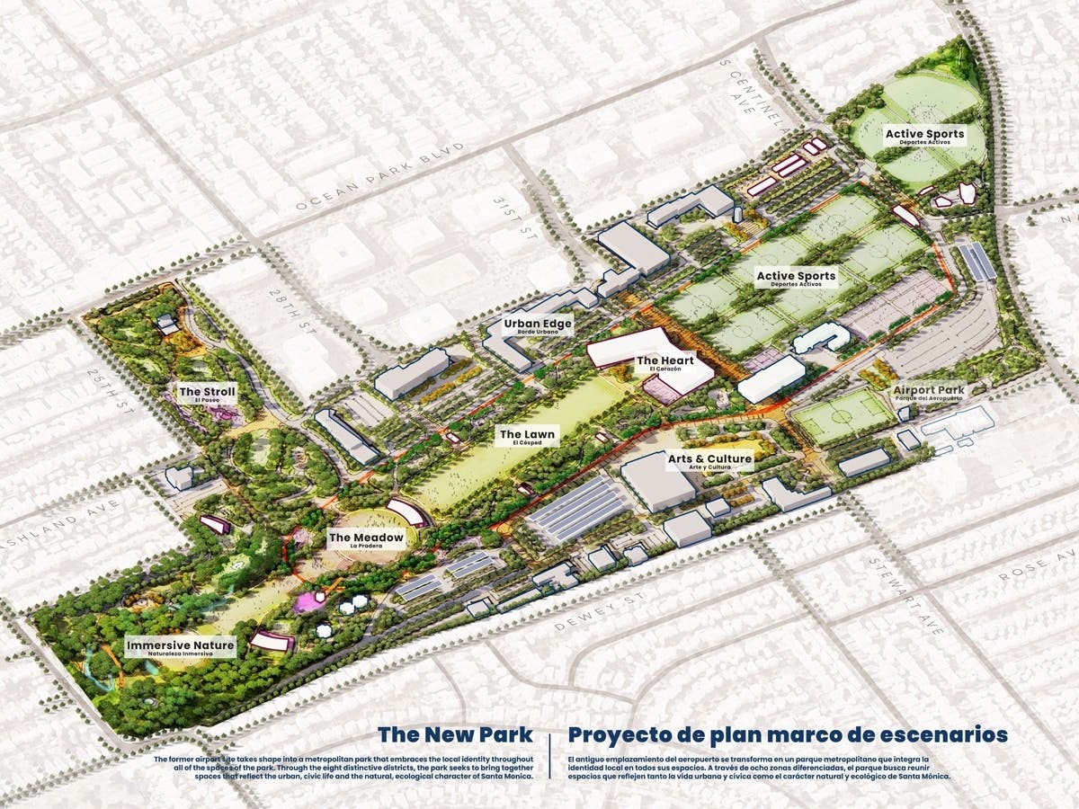 A conceptual rendering shows Santa Monica's proposed Great Park, with nature trails, open lawns, sports facilities and cultural spaces planned for the airport site following its scheduled closure in December 2028.