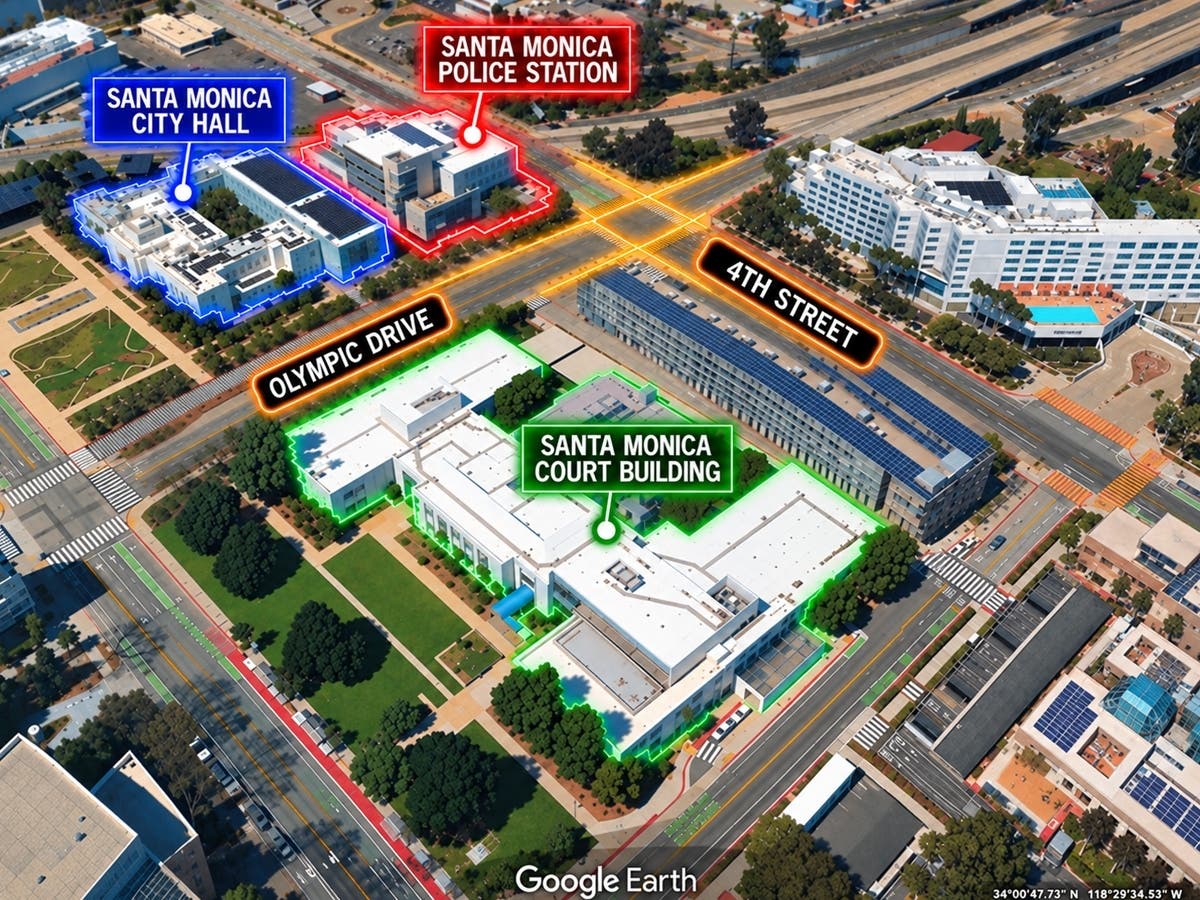 An aerial view shows Fourth Street and Olympic Drive in Santa Monica, near City Hall, police headquarters and the courthouse, where a 22-year-old man was fatally shot March 28, 2026.