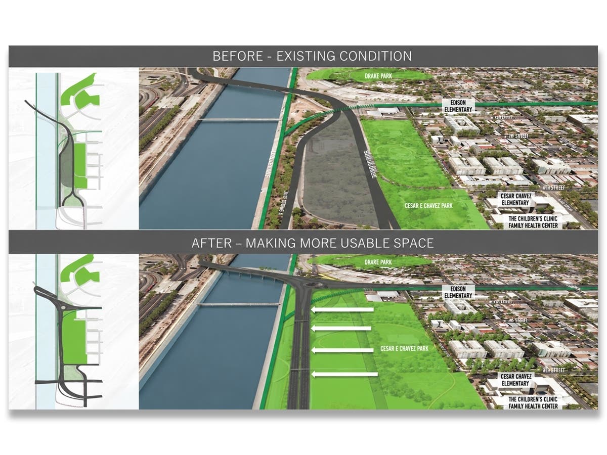 Before-and-after renderings show how Long Beach's $73 million Shoreline Drive realignment project would replace roadway with expanded green space at César Chávez Park.