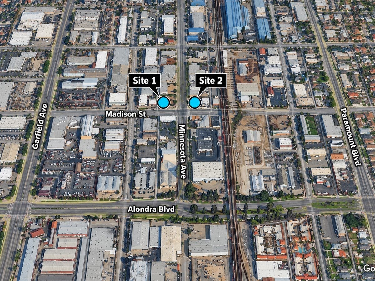 An illustrative aerial view of the industrial area near Madison Street and Minnesota Avenue in Paramount, where air quality officials are investigating elevated levels of cancer-causing hexavalent chromium.