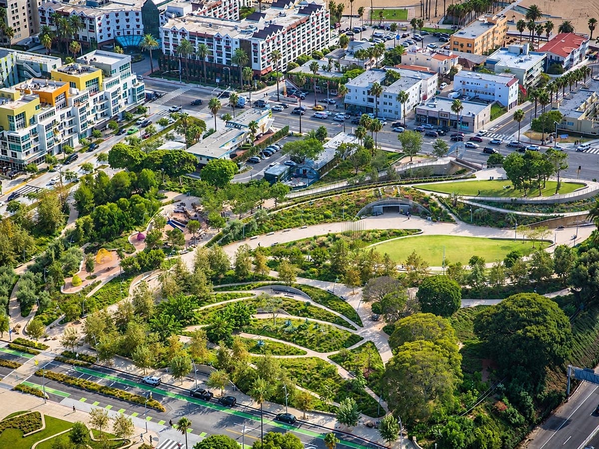 An aerial view of Tongva Park in downtown Santa Monica, where police responding to reports of a group assault and robbery found seven victims. Two juveniles were subsequently booked on robbery allegations.