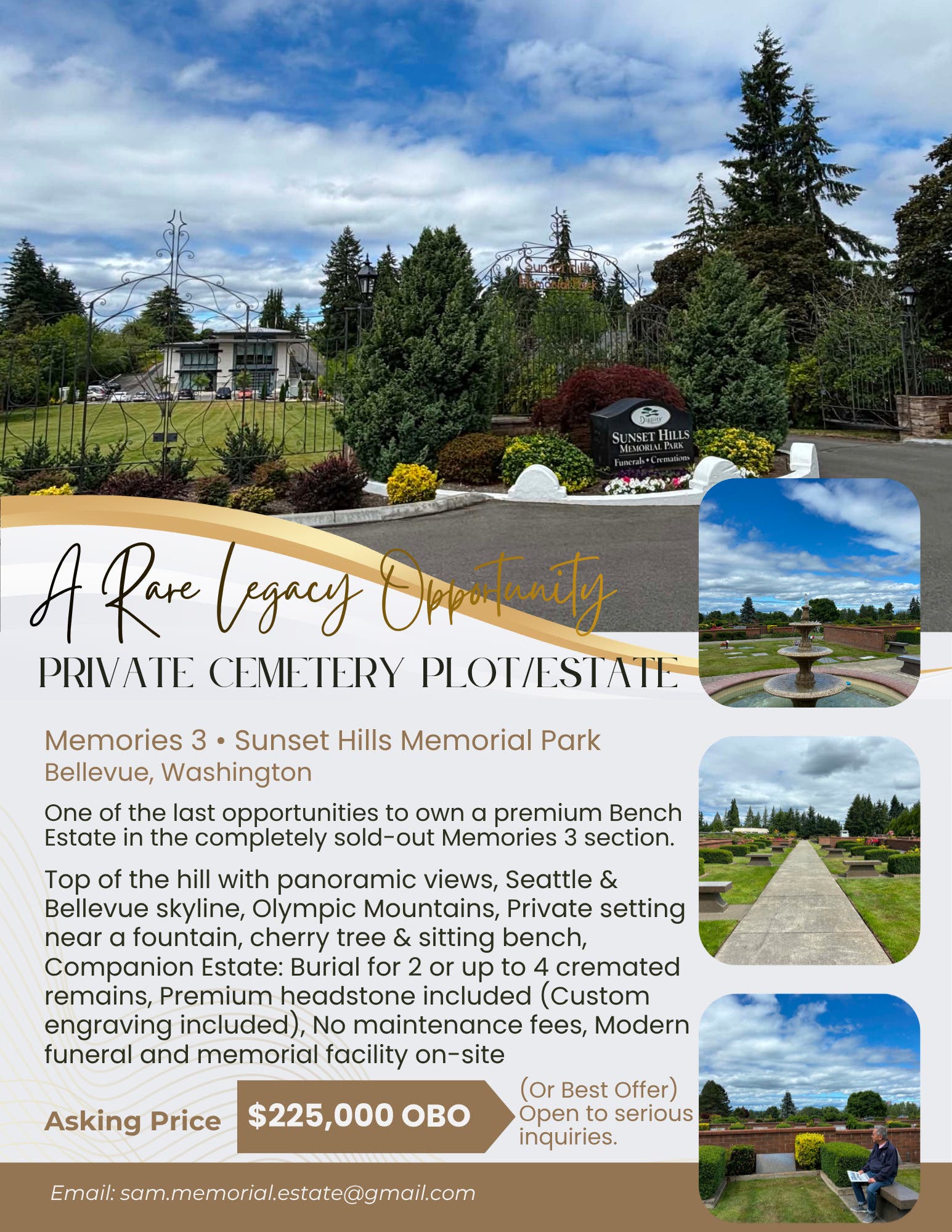 Rare Bench Estate at Sunset Hills Memorial Park | Bellevue | $225,000 OBO