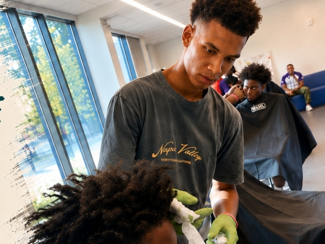 Licensed as a teen, Arundel High School graduate, Jaiden Martin provides free haircuts to Baltimore City Public School students on the first day of school at the Baltimore Ravens Boys & Girls Club