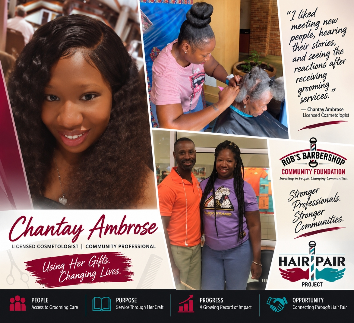 Chantay and RBCF founder at their first meeting (below). Chantay performing grooming services at the T.I.M.E. Organization shelter for women in downtown Baltimore