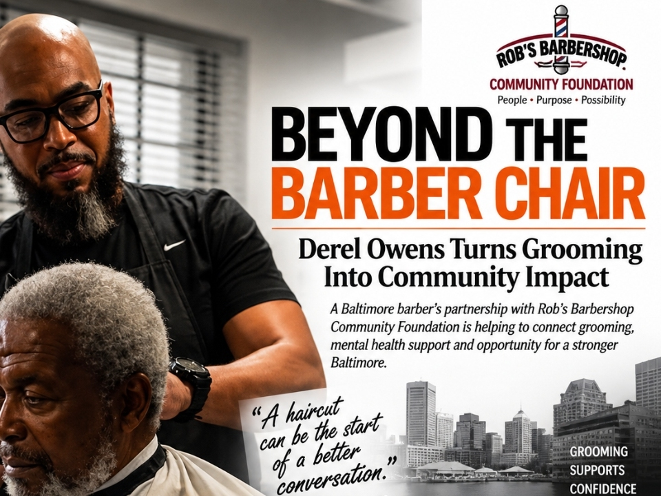 Barber Derel Owens provides grooming services at the T.I.M.E. Organization's Charles Street location in Baltimore, Maryland