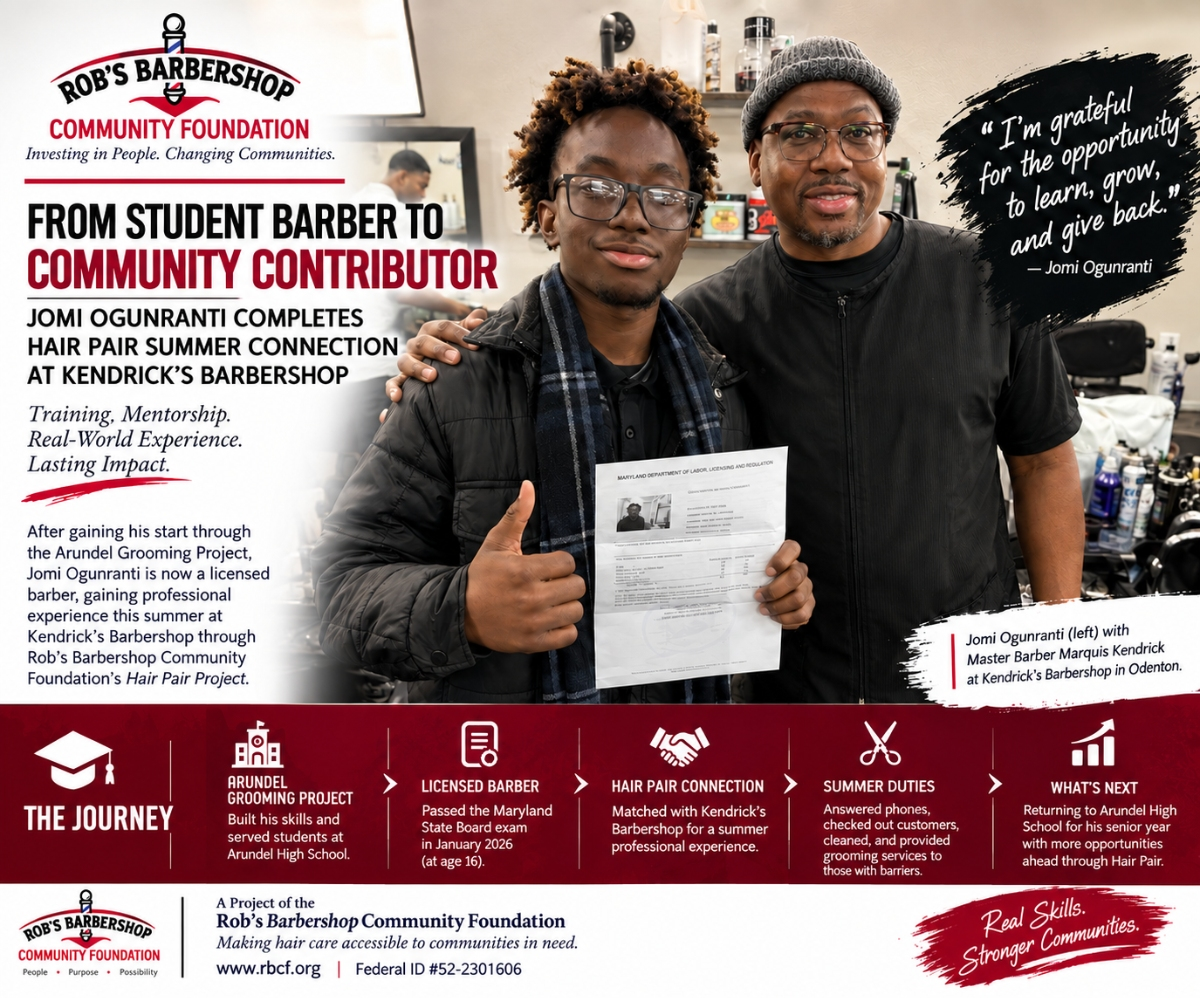 Jomi (left) pictured with Kendrick's Barbershop owner, Marquis Kendrick(right)