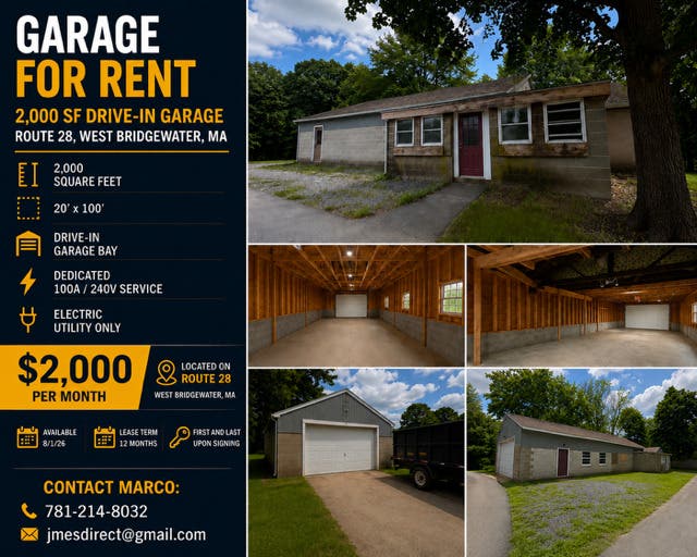 2,000 SF Drive-In Garage for Rent – Route 28, West Bridgewater