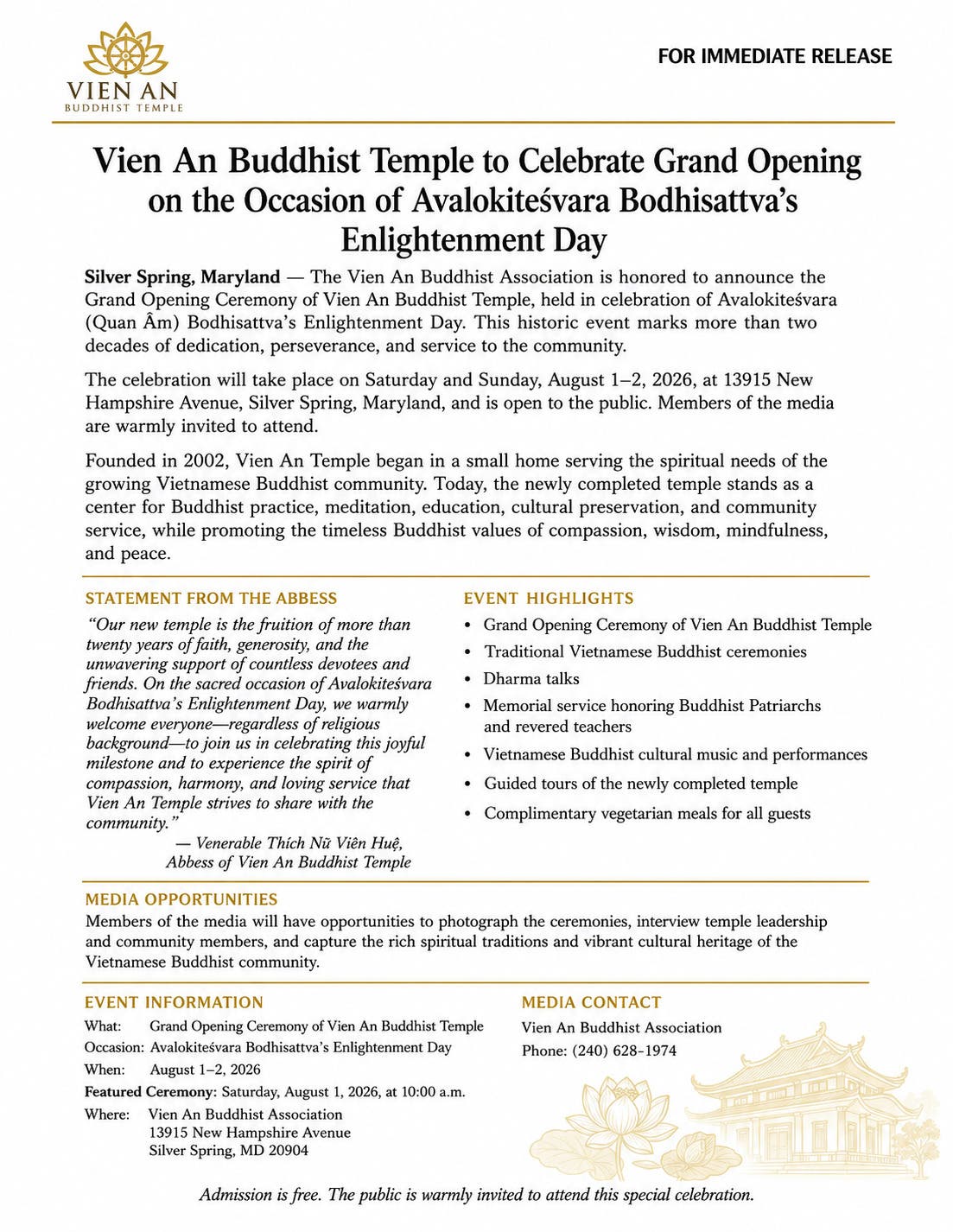 Vien An Buddhist Temple Grand Opening Ceremony