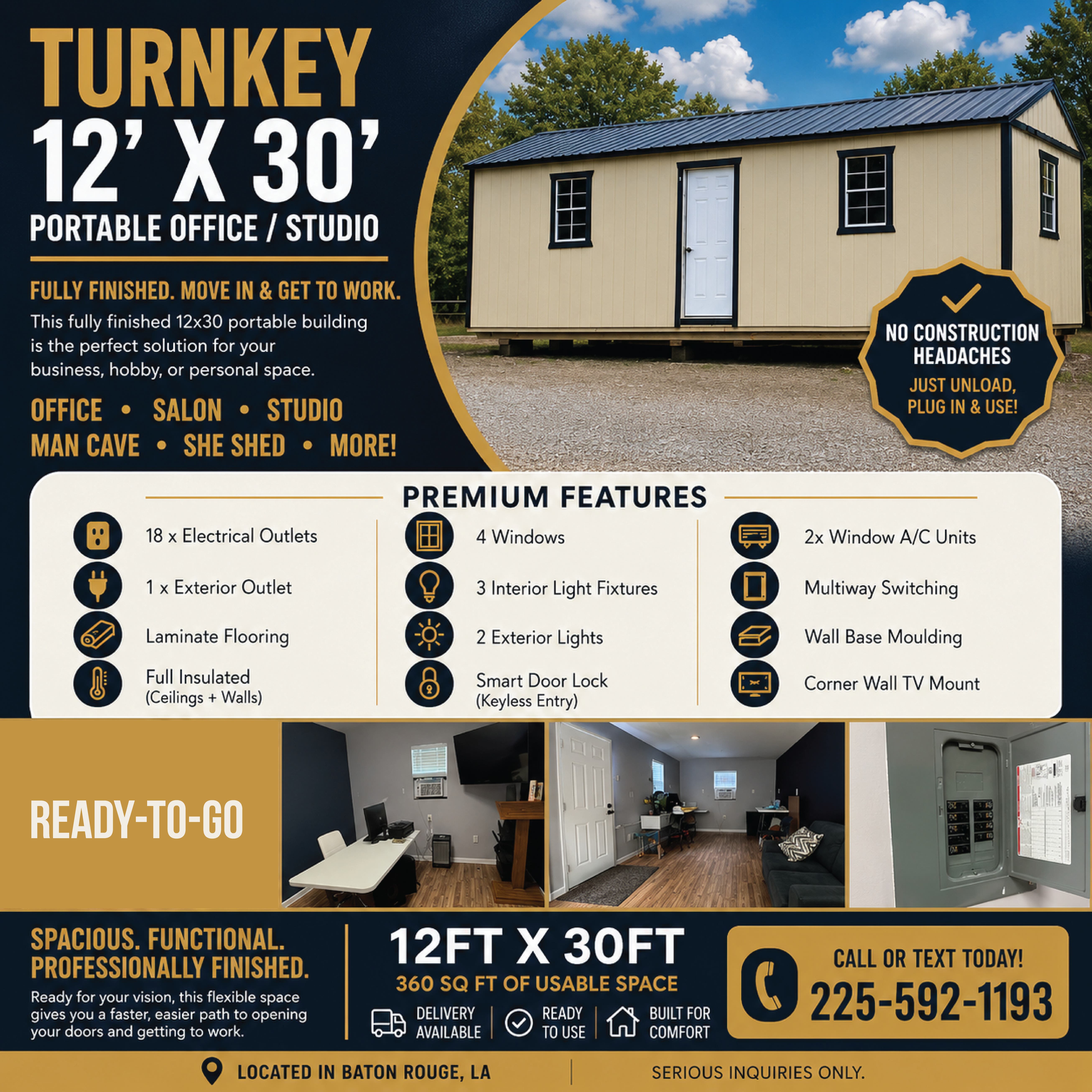 12×30 Fully Finished Portable Office, Salon or Studio, ManCave, SheShed – Ready to Use