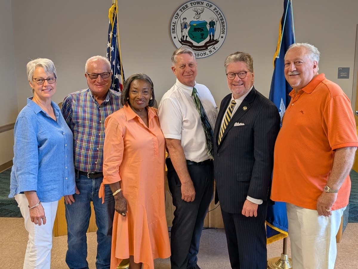 Press conference attendees (l-r) Christine and Peter Monteleone, Senate Majority Leader Andrea Stewart-Cousins, Patterson Town Supervisor Rich Williams, State Sen. Pete Harckham and Paul Camarda