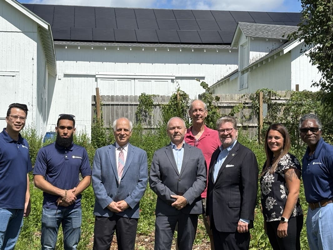 State Sen. Pete Harckham (third from right) at Onatru Farm Park with (l-r) Ryan Eng and Rafael Polanco from Accord Power; Robert Fishman from Sustainable Promise; Lewisboro Supv. Tony Gonçalves; Board Member Dan Welsh and Parks Supt. Nicole Caviola