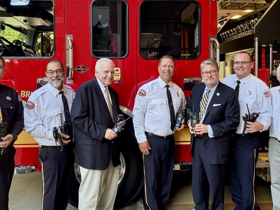 State Sen. Pete Harckham at the Goldens Bridge FD with (l-r) Firefighter Elias Scharfenberg, Chief Albert Melillo, Fire Commissioners Chair Edward Brancati, Fire Commissioner Robert Melillo, Captain Raymond Baker, Jr. and Fire Commissioner Robert Kelly