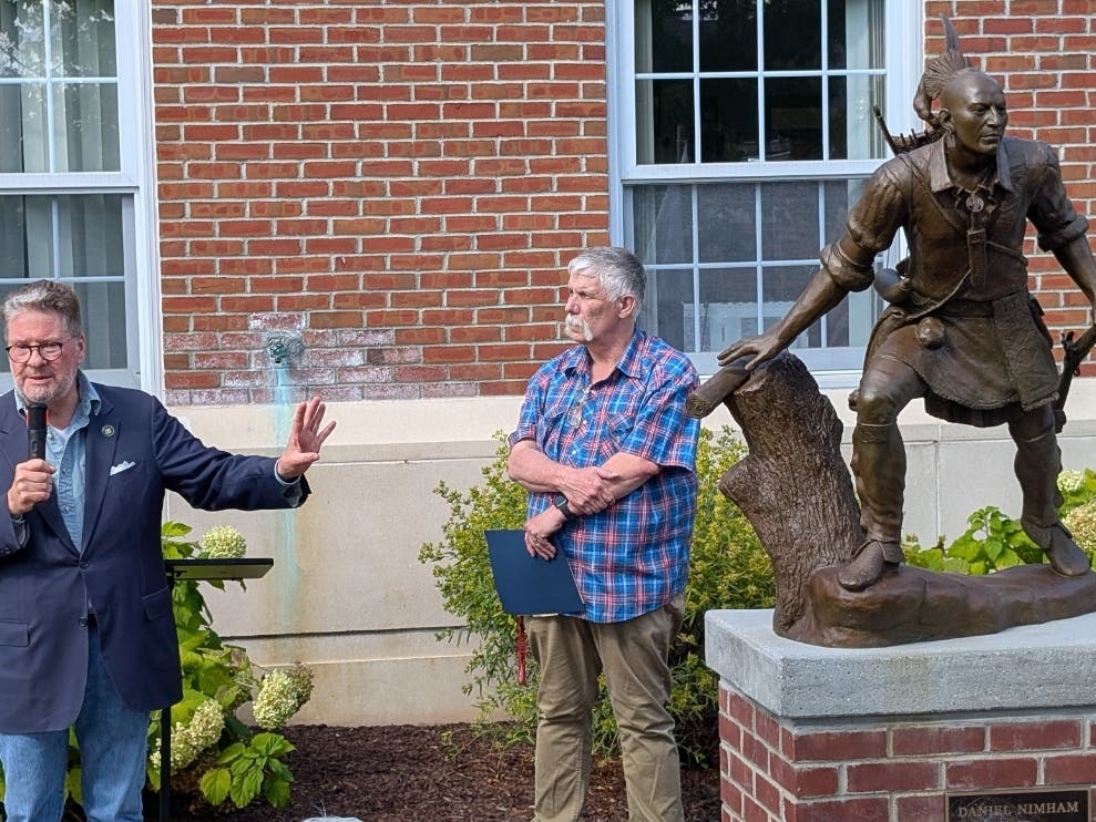 State Sen. Pete Harckham with Kent Historical Society President Tom Breslin at the Sachem Daniel Nimham Statue dedication ceremony in Kent Lakes, NY